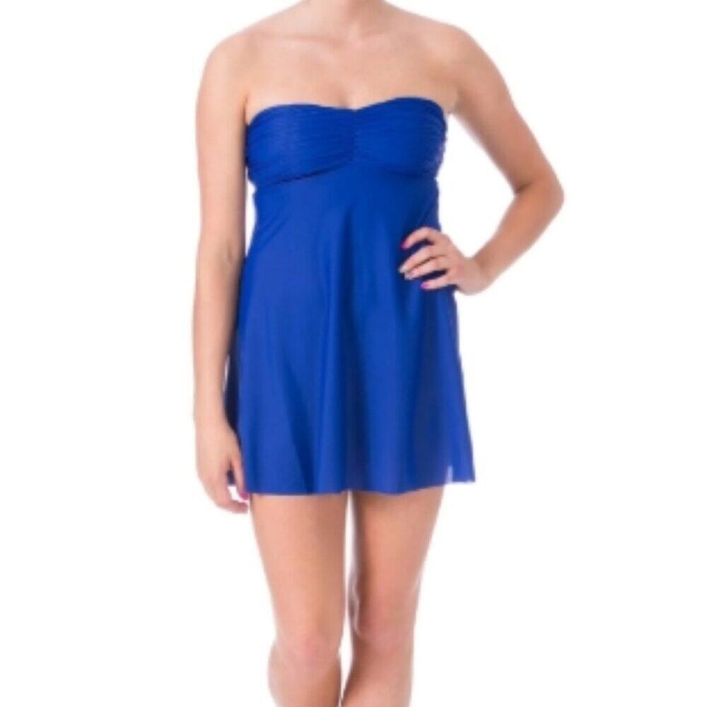 Eco Swim Women’s Strapless Bandeau Dress Swim Cover-Up in Ocean Blue, size Small